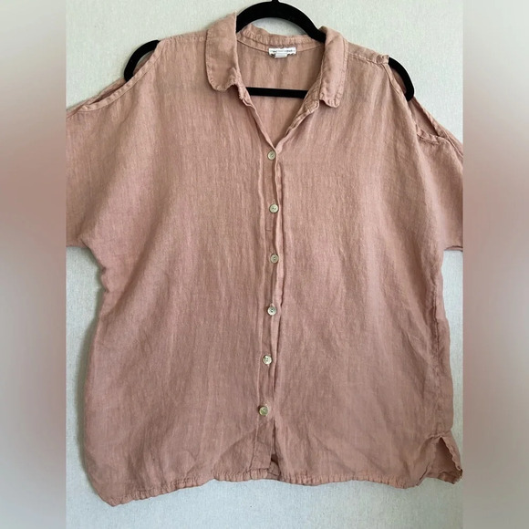 Saks Fifth Avenue Womens Button  Up Linen Cold Shoulder Blouse Blush Pink Sz L - Picture 3 of 11